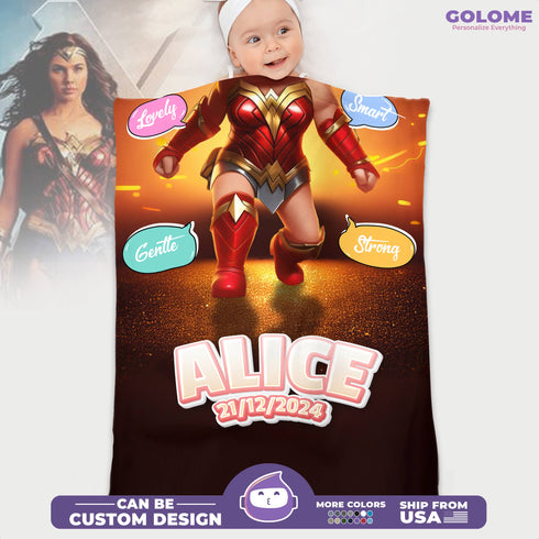 Personalized Baby Superhero Blanket – Wonder Girl Style with Custom Name, Date & Background Options